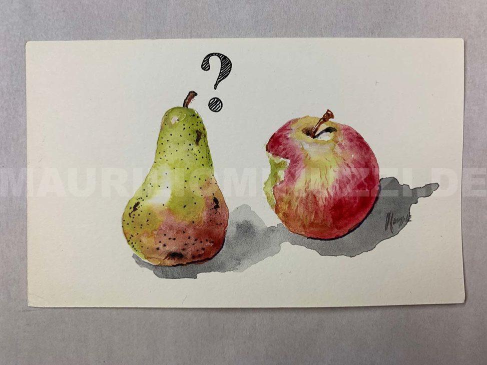 Unbekannter Titel - Birne mit Fragezeichen und abgebissener Apfel
